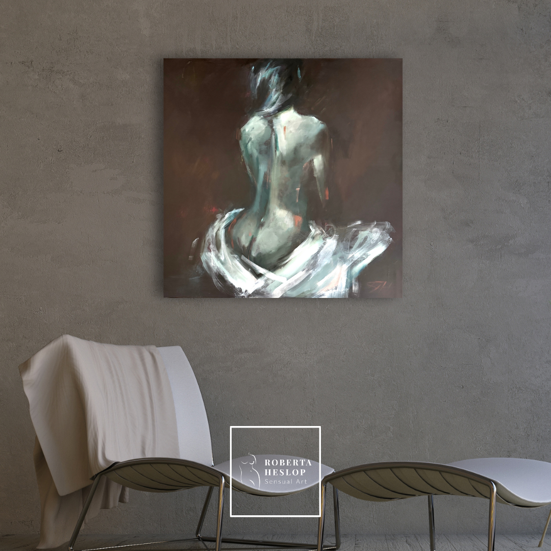 Anaïs by Roberta Heslop shown framed in a warm, light-filled room — original figurative nude painting with green and brown palette.