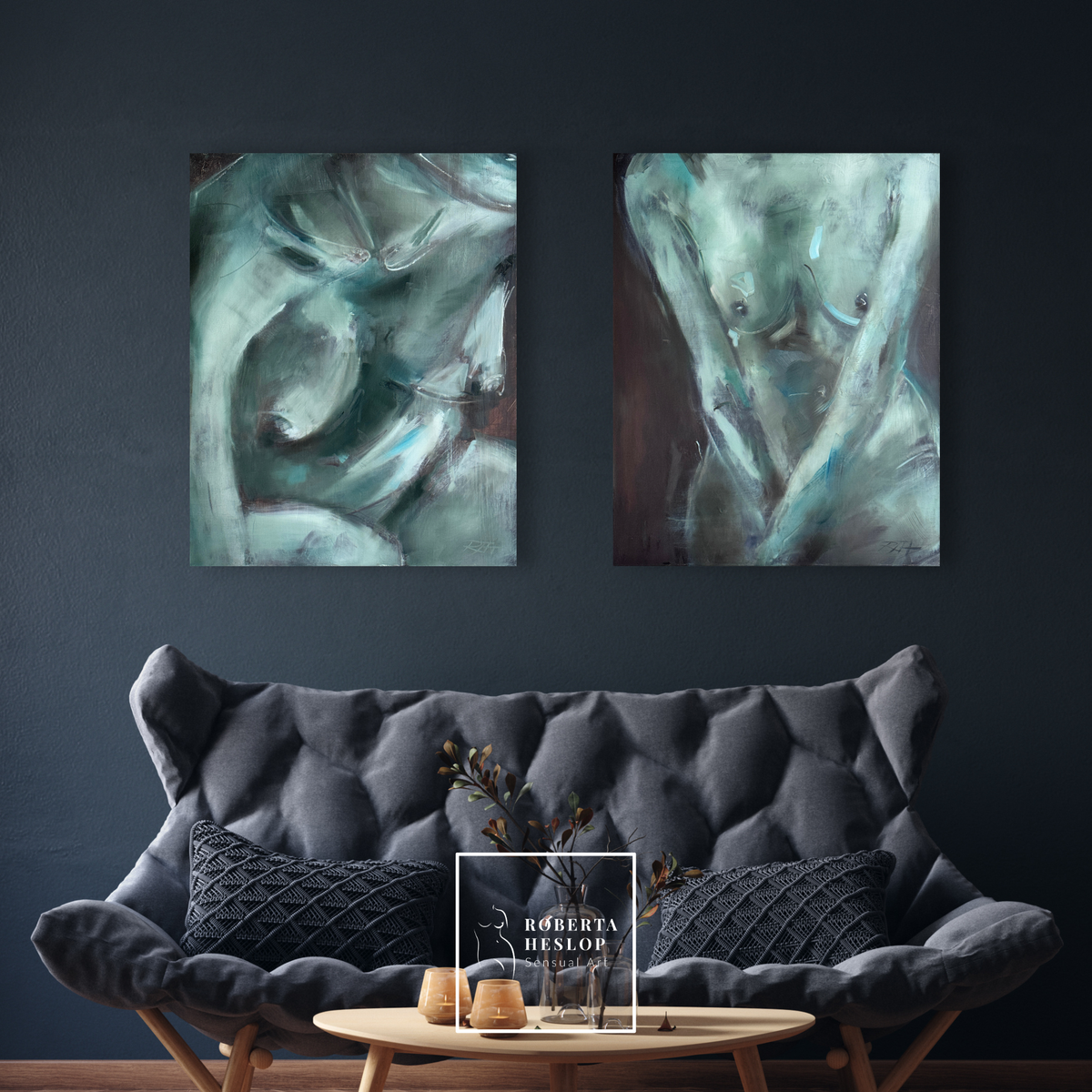 Interior photograph showing Gesture and Grace, a duo of oil paintings by Roberta Heslop, displayed together on a soft-toned wall, conveying harmony and quiet presence.