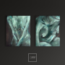 Load image into Gallery viewer, Close-up room view of Gesture, an oil painting by Roberta Heslop, showing texture, light, and how the artwork integrates with modern interior décor.