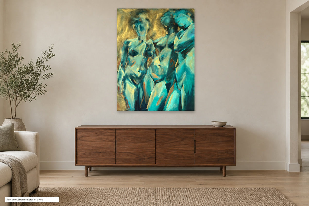 Golden Celebration by Roberta Heslop shown as an unframed deep-edge canvas in a home interior visualisation; approximate scale