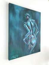 Load image into Gallery viewer, Come to me - Original oil painting by artist Roberta Heslop. Ethereal depiction of the female form, with sensual greens and pinks and a soft, empowered presence.  Original art celebrating feminine energy and liberation hanging on a wall showing details of the gallery wrap edge.