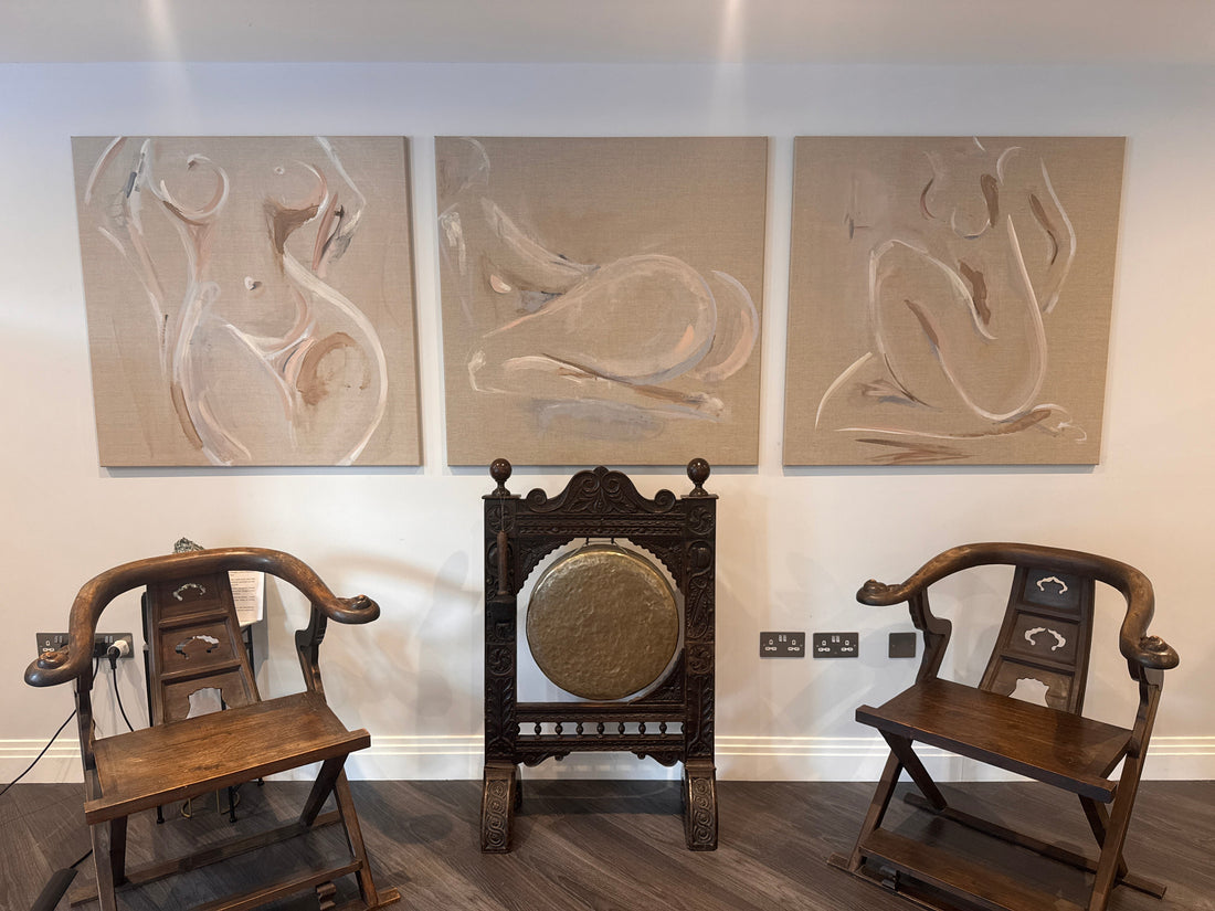 The Linen Trilogy — Freya, Lila and Anima by Roberta Heslop installed at Transcend Wellness London