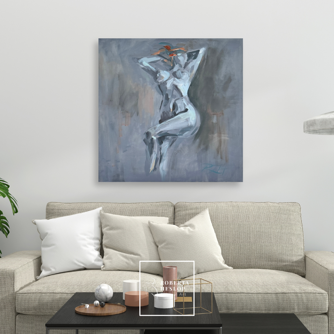 Auburn Beauty by Roberta Heslop displayed above a neutral-toned sofa in a modern living room.”