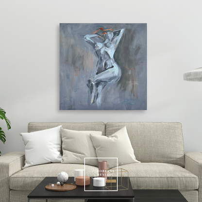 Auburn Beauty by Roberta Heslop displayed above a neutral-toned sofa in a modern living room.”