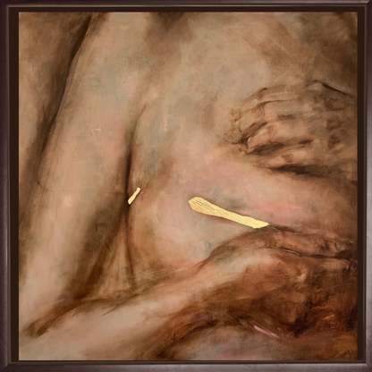 Golden Now, an oil and gold leaf painting by Roberta Heslop, framed in a dark brown floating frame