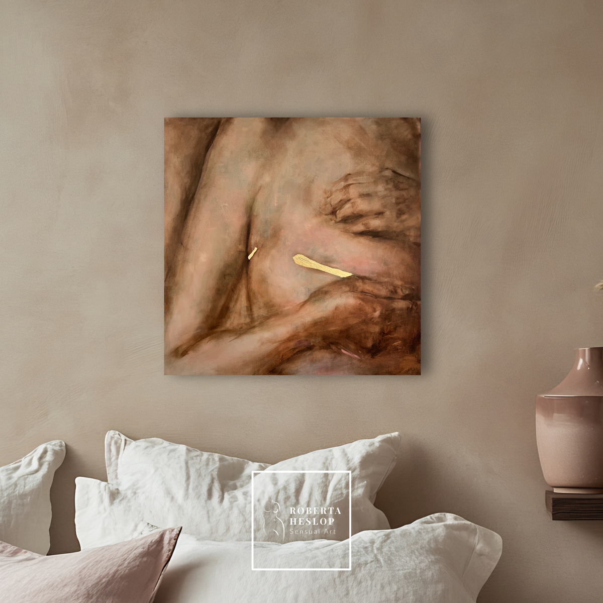 Always This Bright, an original oil and gold leaf painting by Roberta Heslop, shown above a bed in a bedroom setting