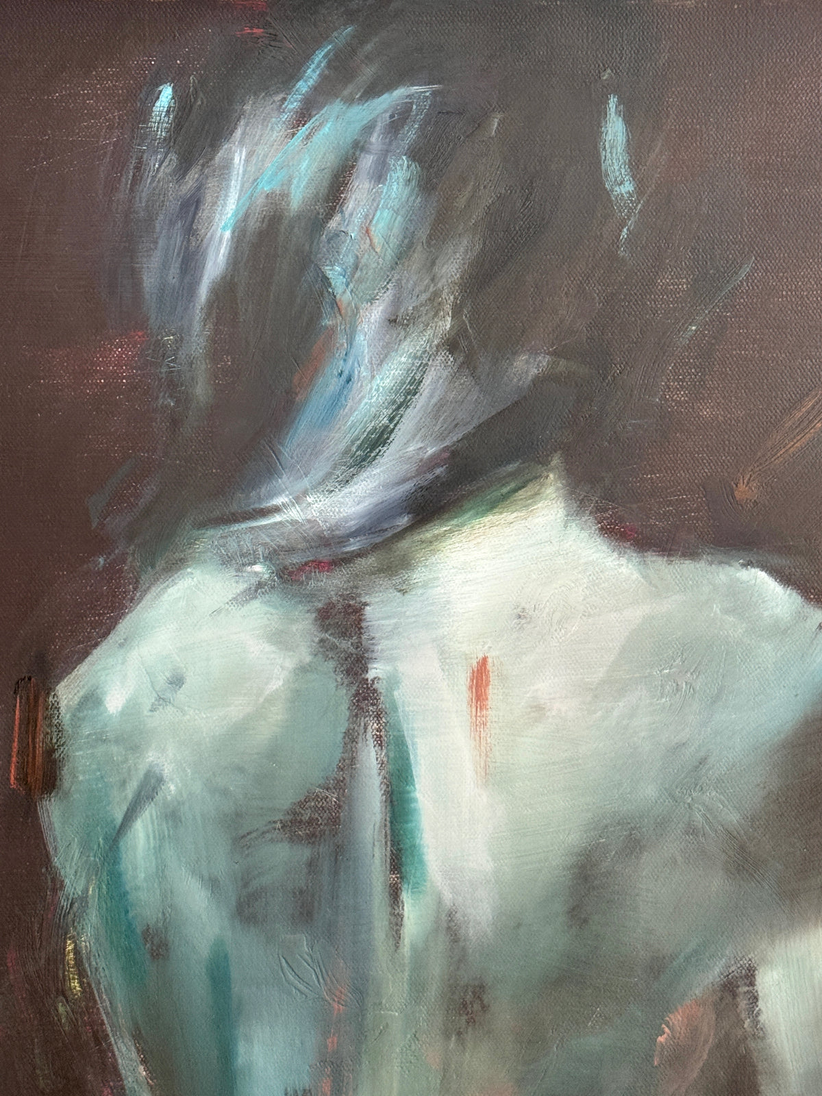 Close-up from Anaïs, an original figurative oil painting by Roberta Heslop — showing the gentle movement of colour and light across the female form.
