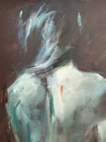Close-up from Anaïs, an original figurative oil painting by Roberta Heslop — showing the gentle movement of colour and light across the female form.