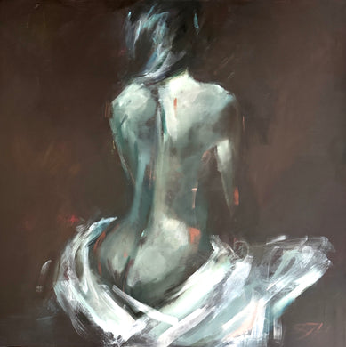 Full view of Anaïs, an original oil painting by Roberta Heslop - figurative female nude in soft greens, browns, and rust ochre tones on gallery-wrap canvas.