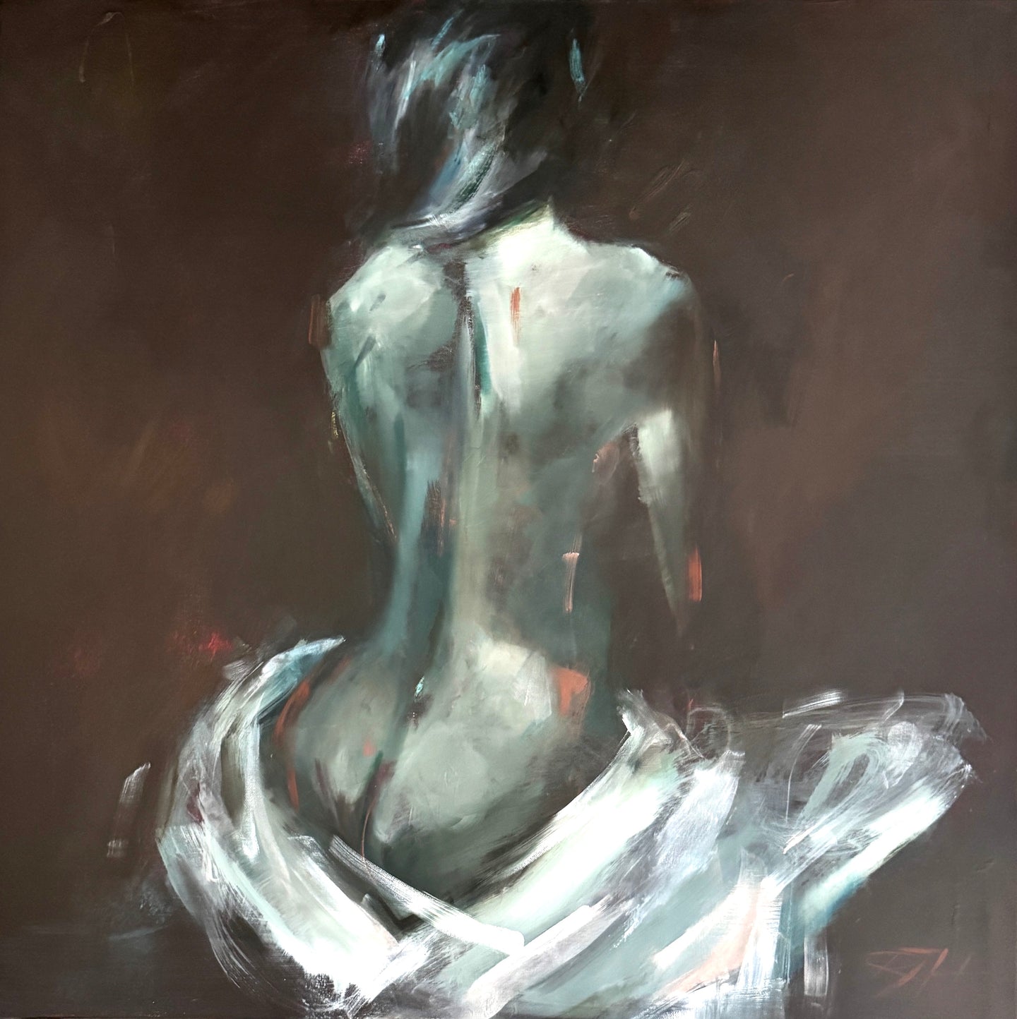 Full view of Anaïs, an original oil painting by Roberta Heslop - figurative female nude in soft greens, browns, and rust ochre tones on gallery-wrap canvas.