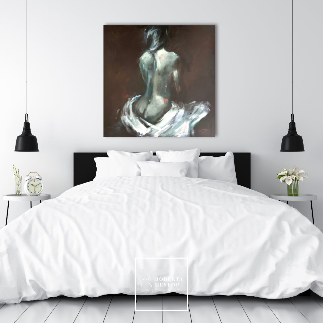 Original oil painting Anaïs by Roberta Heslop displayed in a modern interior — contemporary figurative wall art in muted green and brown tones.
