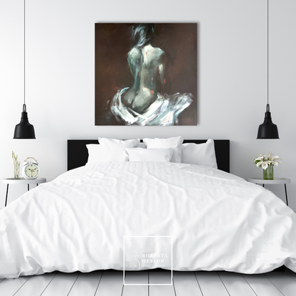 Original oil painting Anaïs by Roberta Heslop displayed in a modern interior — contemporary figurative wall art in muted green and brown tones.
