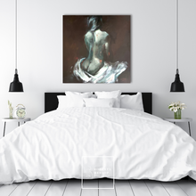 Load image into Gallery viewer, Original oil painting Anaïs by Roberta Heslop displayed in a modern interior — contemporary figurative wall art in muted green and brown tones.