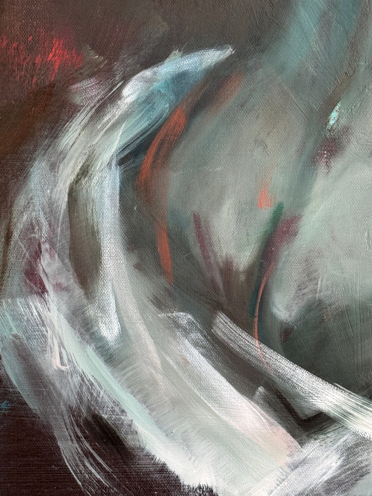 Close-up detail of Anaïs, an original oil painting by Roberta Heslop — showing soft brushwork and the natural blending of greens, browns, and rust ochre tones on canvas.
