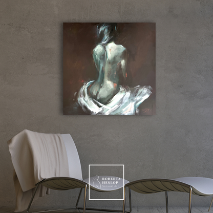 Anaïs by Roberta Heslop shown framed in a warm, light-filled room — original figurative nude painting with green and brown palette.
