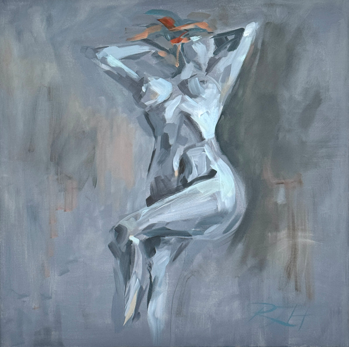 Full view of Auburn Beauty by Roberta Heslop, depicting a stylized female nude with auburn hair in cool blue and grey tones.