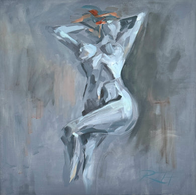 Full view of Auburn Beauty by Roberta Heslop, depicting a stylized female nude with auburn hair in cool blue and grey tones.