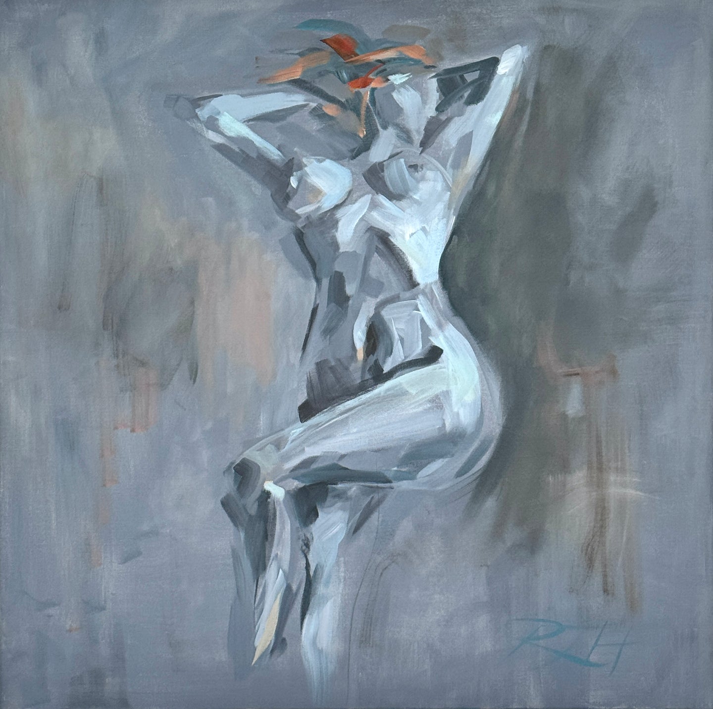 Full view of Auburn Beauty by Roberta Heslop, depicting a stylized female nude with auburn hair in cool blue and grey tones.