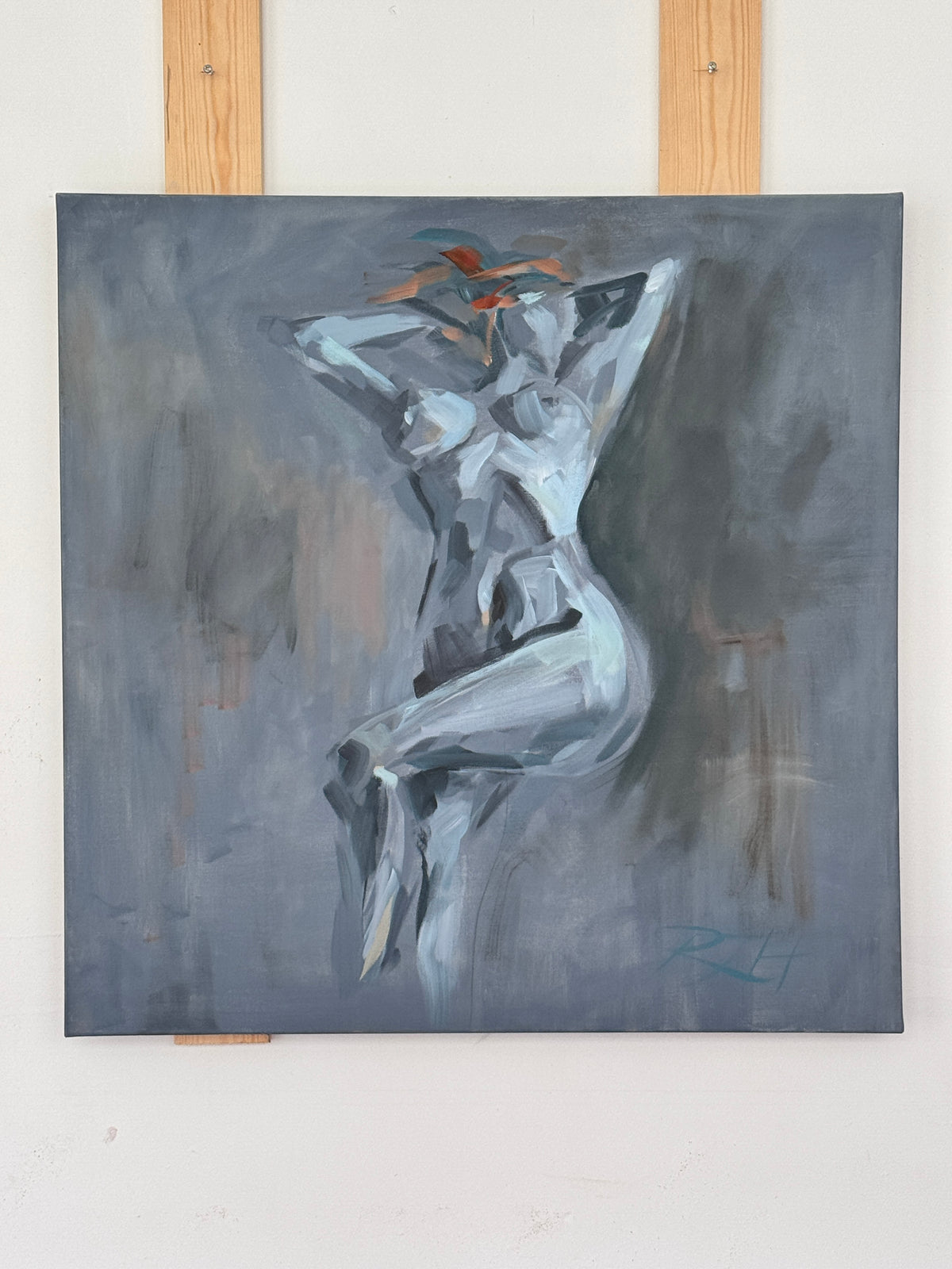 Auburn Beauty by Roberta Heslop shown in the artist’s studio, surrounded by creative materials and soft daylight.