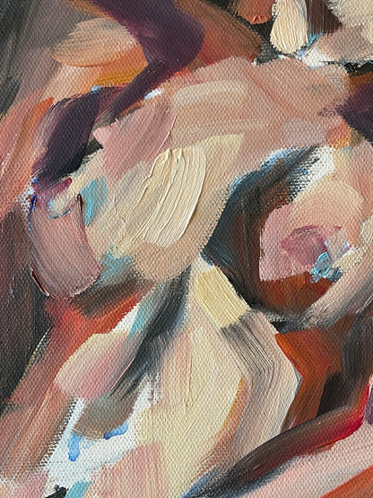 Close-up of expressive brushwork and colour in Captivated, original acrylic painting