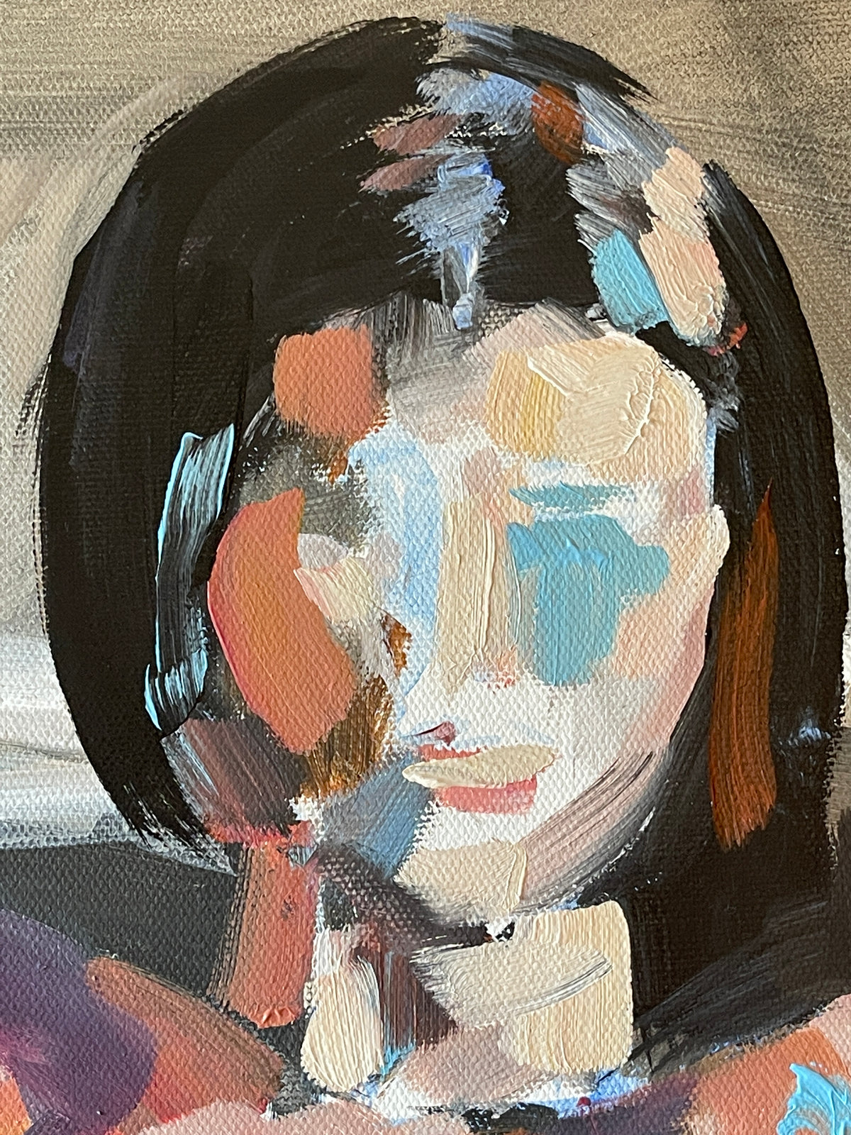 Detail of the face and expression in Captivated, original acrylic painting by Roberta Heslop