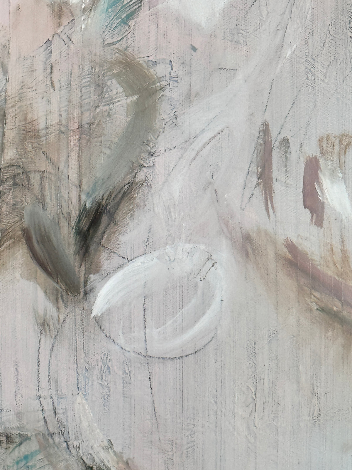Close up detail of original painting by Roberta Heslop, with oil and pencil marks in muted colours