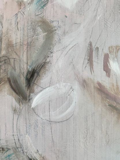 Close up detail of original painting by Roberta Heslop, with oil and pencil marks in muted colours