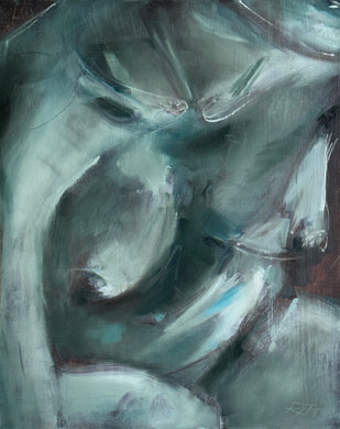 Oil painting of a seated woman at ease by Roberta Heslop, titled Gesture, expressing authenticity and quiet strength.