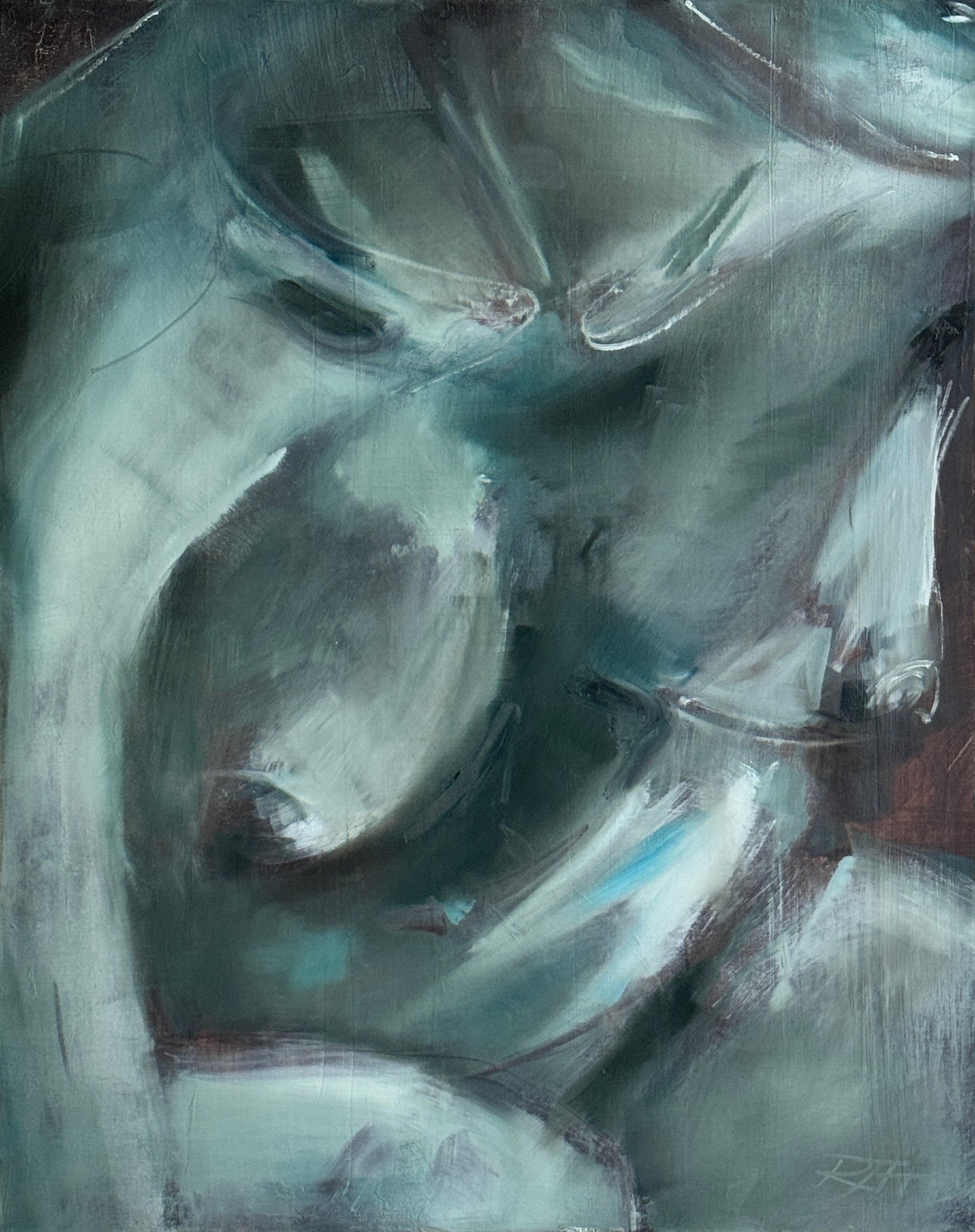 Oil painting of a seated woman at ease by Roberta Heslop, titled Gesture, expressing authenticity and quiet strength.