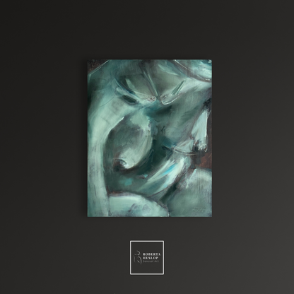 Interior view showing Gesture, an oil painting by Roberta Heslop, hanging on a soft-toned wall, evoking calm, authenticity, and ease.