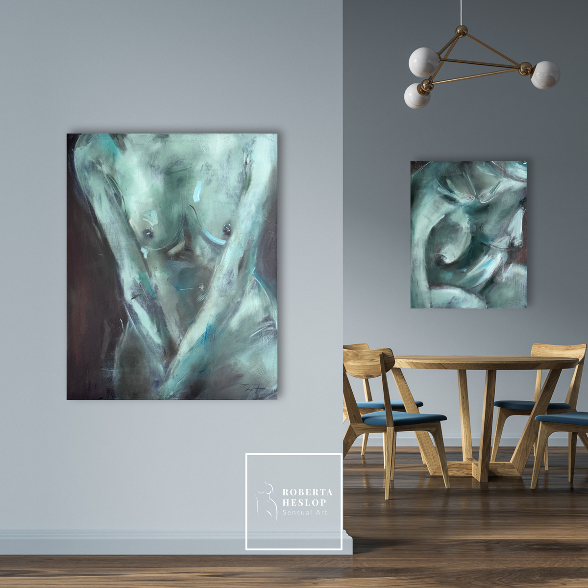 Interior photograph showing Gesture, an oil painting by Roberta Heslop, displayed in a contemporary room with soft light, evoking calm and authenticity.