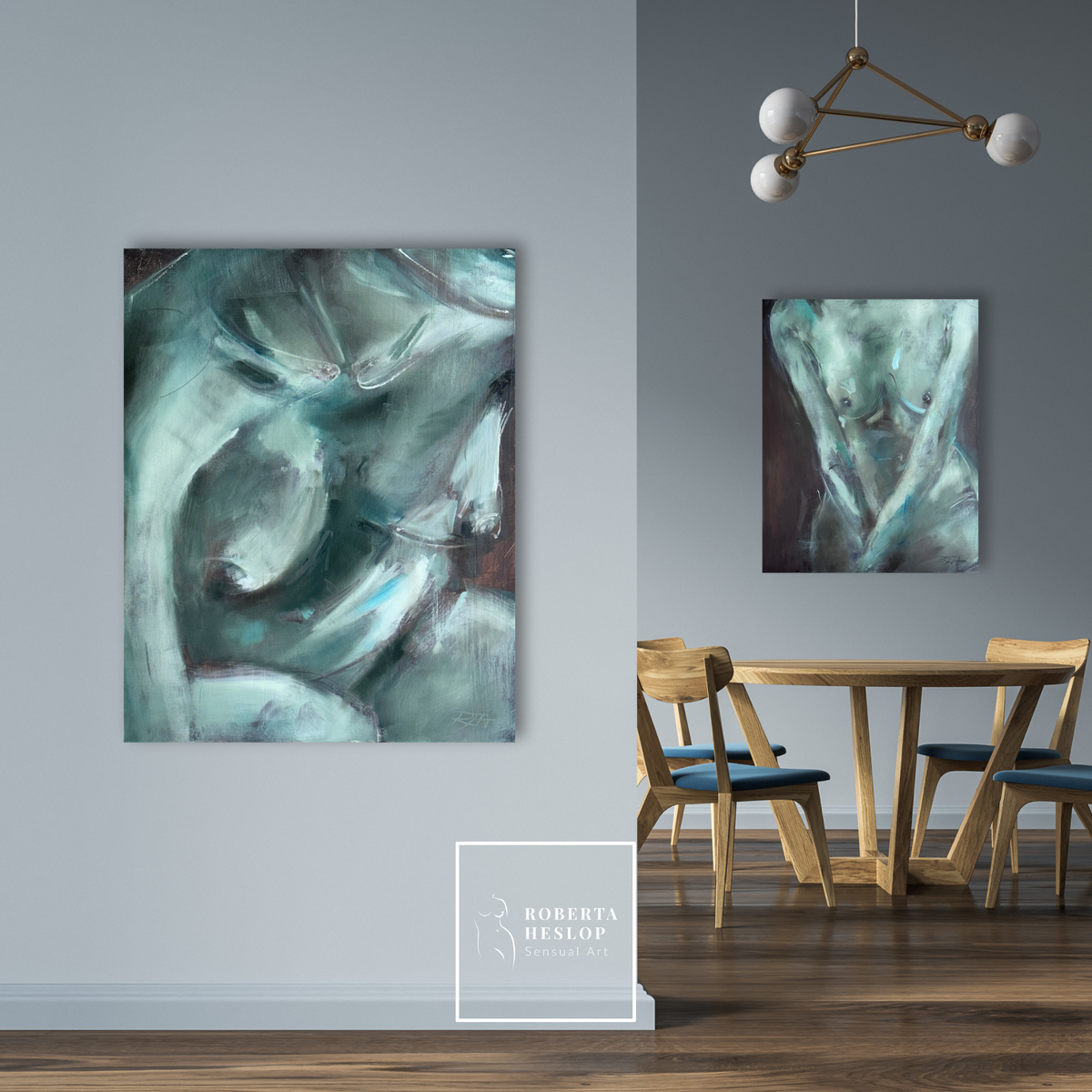 Interior view showing the oil painting Gesture by Roberta Heslop hanging on a neutral wall, illustrating the artwork’s scale and calm atmosphere.