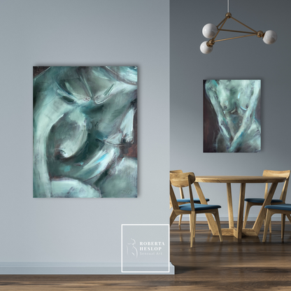 Interior view showing the oil painting Gesture by Roberta Heslop hanging on a neutral wall, illustrating the artwork’s scale and calm atmosphere.