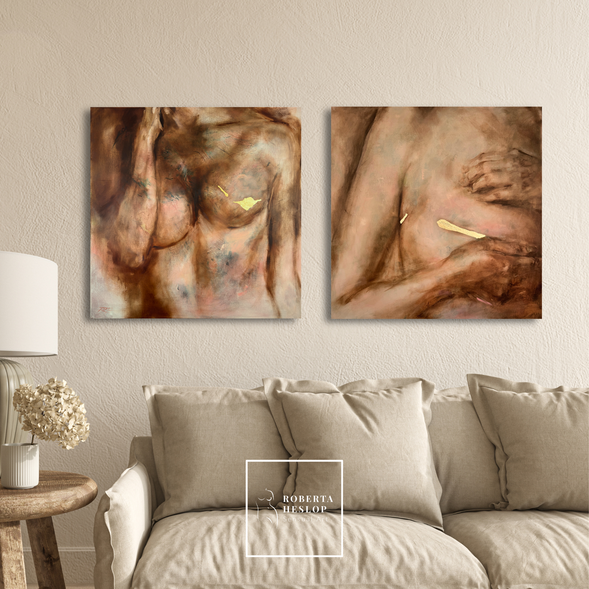 Golden Now and Always This Bright, two central kintsugi inspired oil paintings by Roberta Heslop, hung together on a living room wall