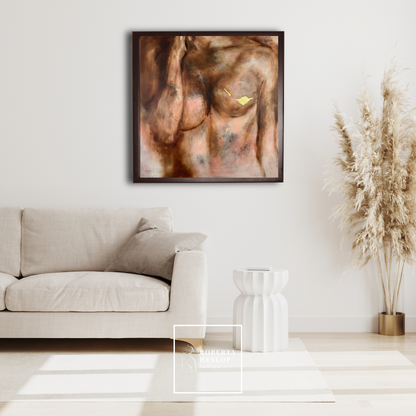 Golden Now, an oil and gold leaf painting by Roberta Heslop, in a dark brown floating frame, displayed in a lounge