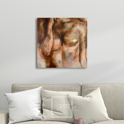 Golden Now oil painting with gold leaf in living room setting