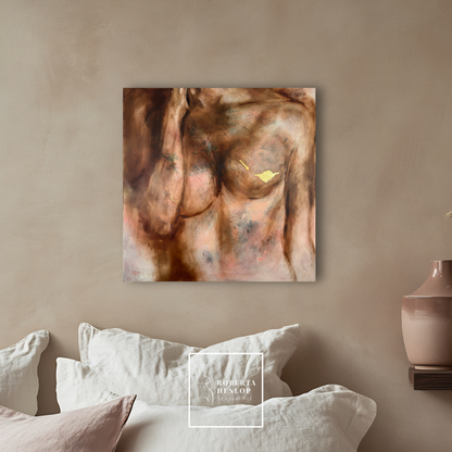 Golden Now, an original oil and gold leaf painting by Roberta Heslop, shown above a bed in a bedroom setting