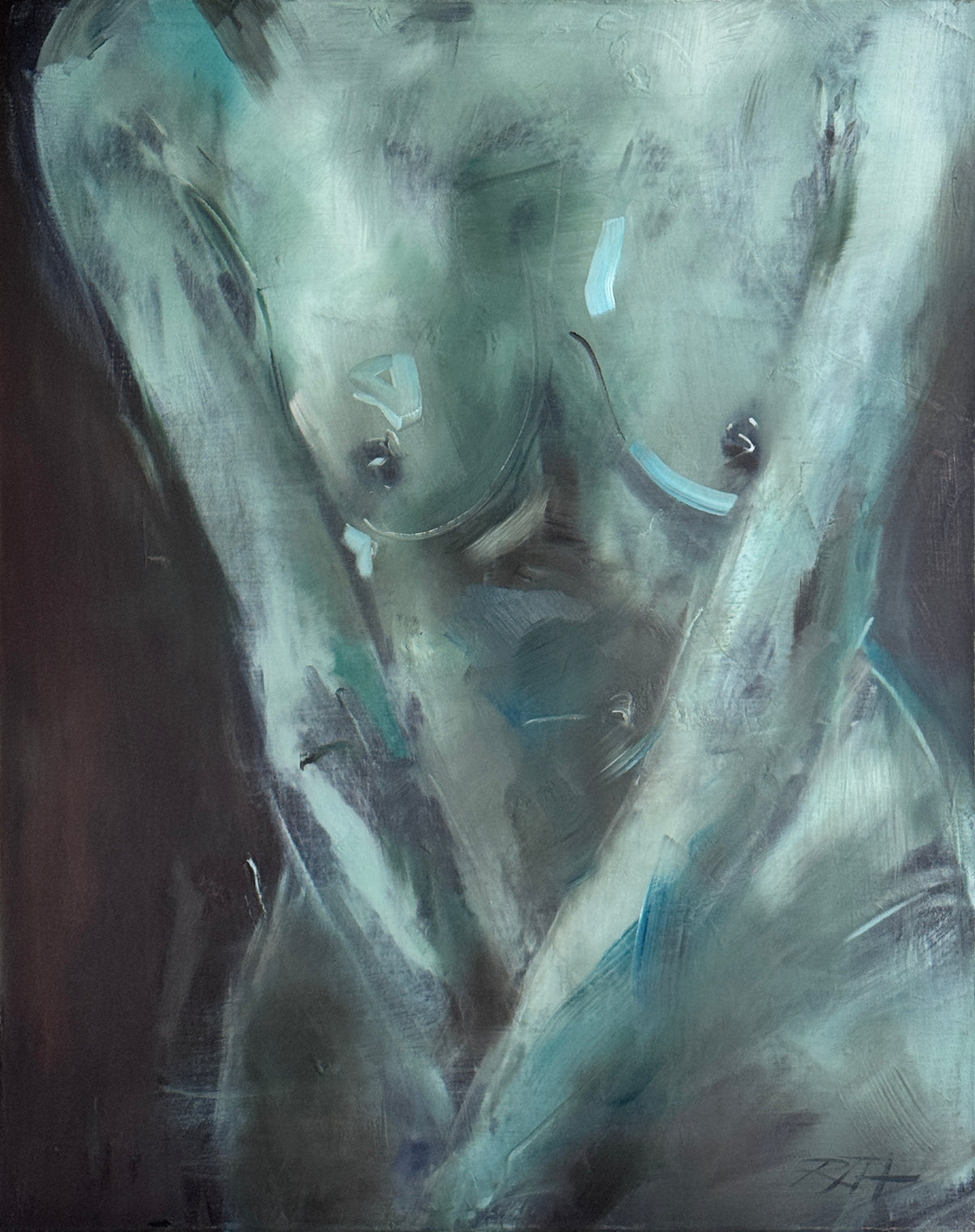 Female form oil painting of a seated female figure by Roberta Heslop, titled Grace, expressing stillness, softness, and quiet strength.