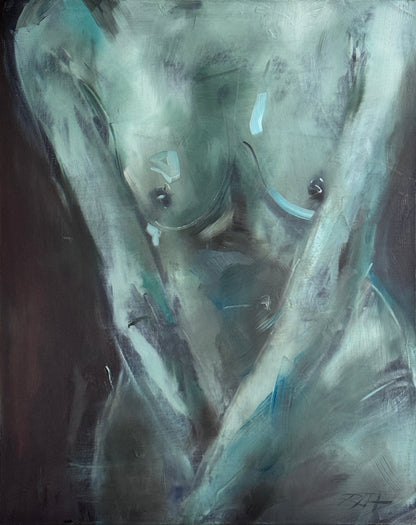 Female form oil painting of a seated female figure by Roberta Heslop, titled Grace, expressing stillness, softness, and quiet strength.