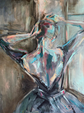 Sensual expressive painting of a woman’s back in soft grey, teal, and blush tones — Silent Eloquence by Roberta Heslop Art