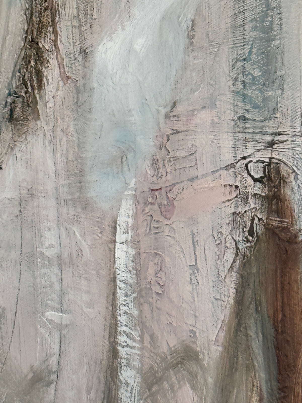 Close-up detail of textured oil painting by artist Roberta Heslop, soft earthy tones with layered brushstrokes in pale pink, grey, and white. Contemporary abstract expression celebrating depth and liberation