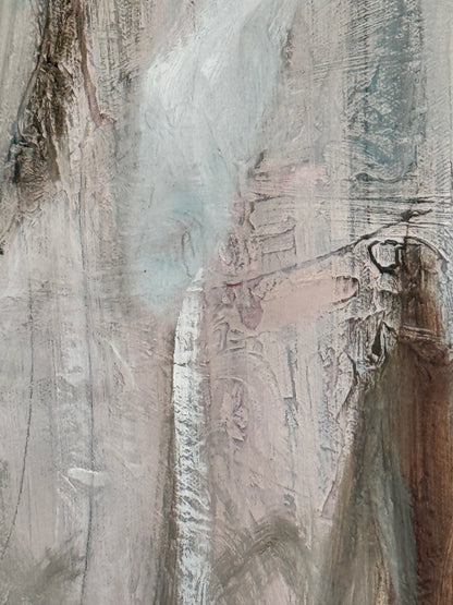 Close-up detail of textured oil painting by artist Roberta Heslop, soft earthy tones with layered brushstrokes in pale pink, grey, and white. Contemporary abstract expression celebrating depth and liberation
