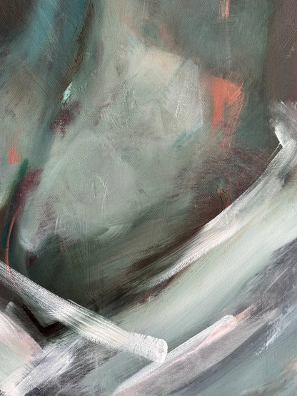 Detail view of Anaïs by Roberta Heslop — highlighting expressive brushstrokes and the texture of layered oil paint in earthy green and brown tones.