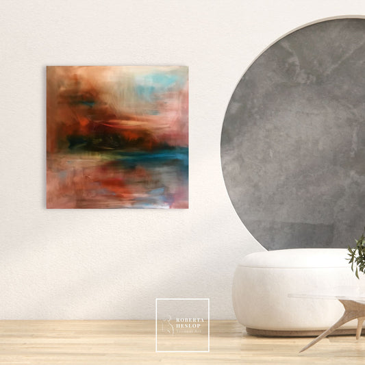 Abstract landscape painting Autumn Lake displayed in modern living room interior