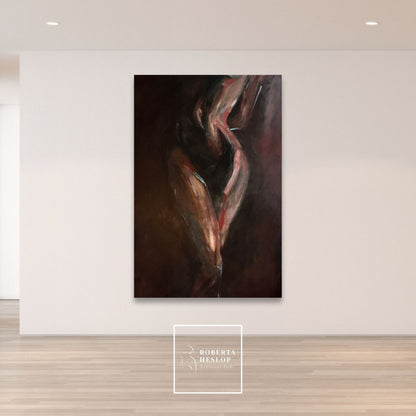 Large contemporary oil painting Awakening hanging in gallery white space by artist Roberta Heslop