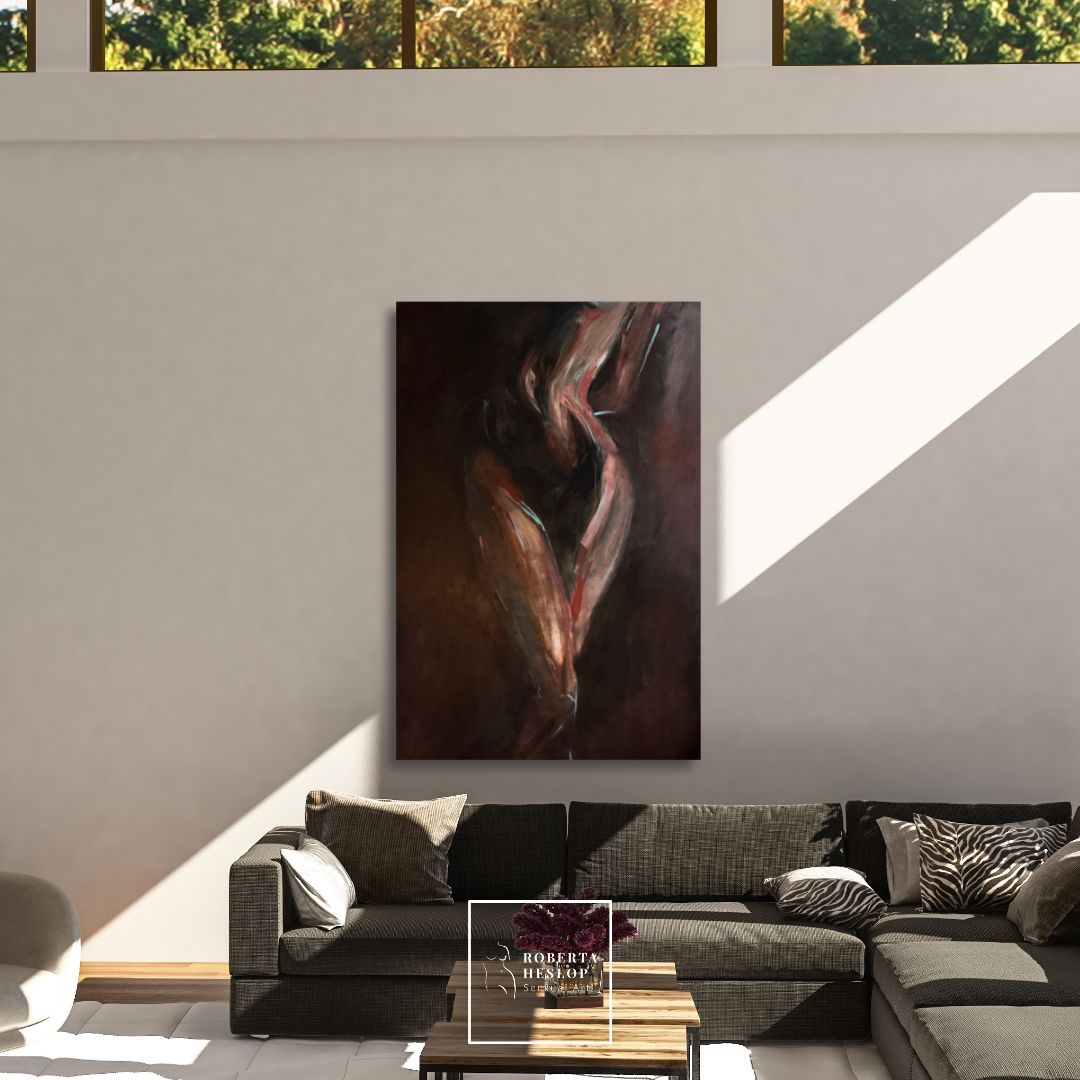 Female form painting Awakening by Roberta Heslop shown in luxury home setting