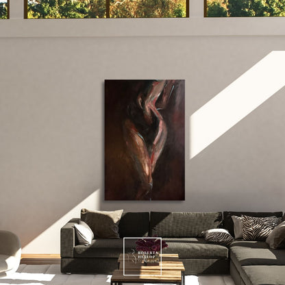 Female form painting Awakening by Roberta Heslop shown in luxury home setting