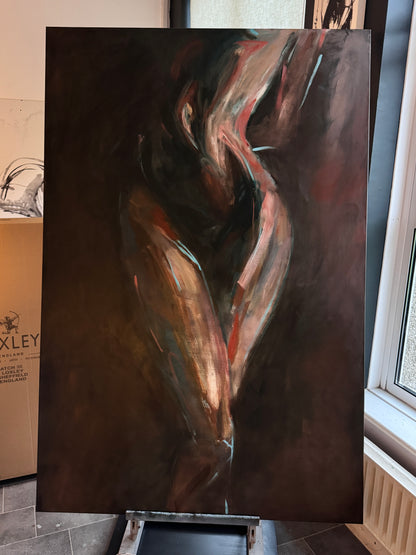 Roberta Heslop in studio with original painting Awakening - behind the scenes female form art