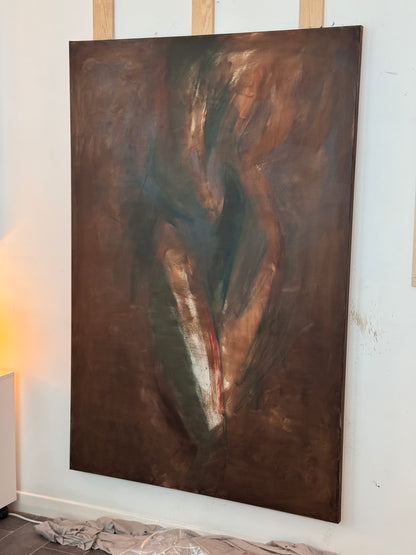 Awakening painting in progress - artist Roberta Heslop creating large scale oil on canvas