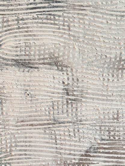 Close-up of dimensional ridges and hessian weave in mixed media painting Echoes Within